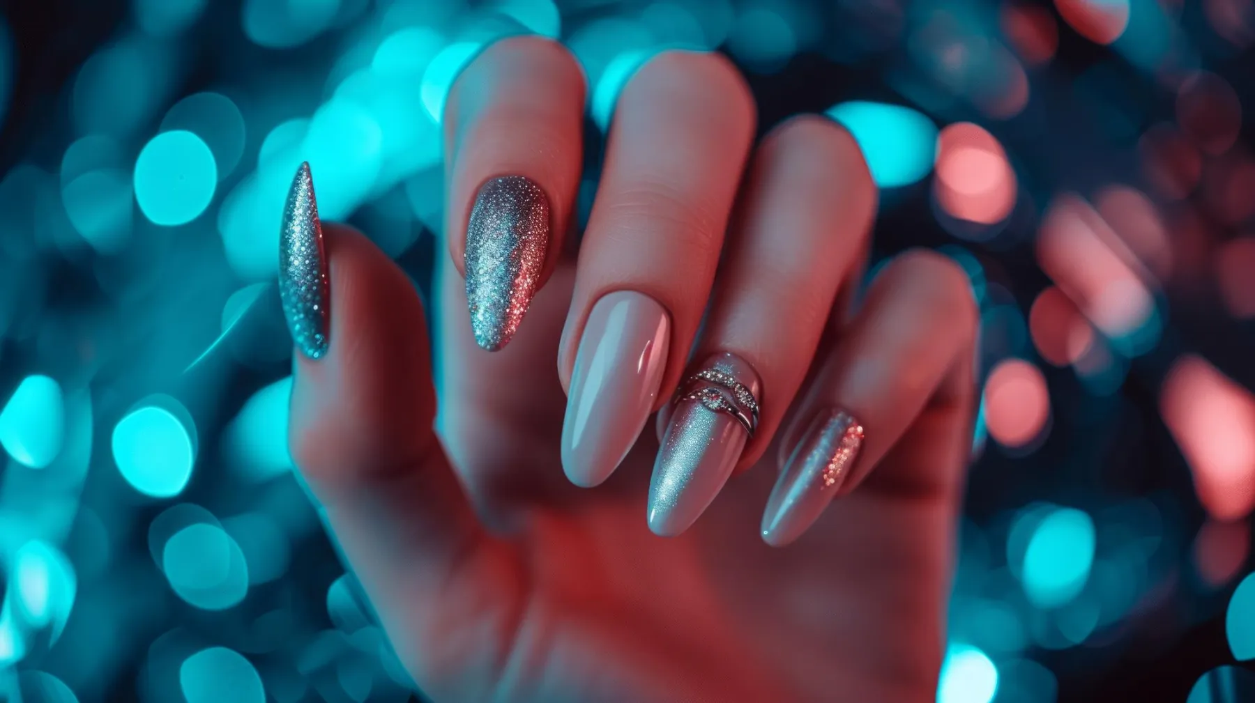 Gümüş simli ve taş süslemeli nail art tasarımı